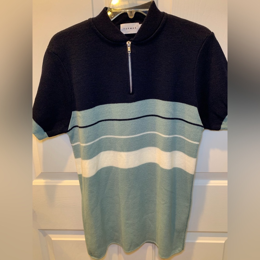 Quarter Zip Pullover Sweater Short Sleeve Mens S Navy Green $52 MSRP NWT Topman